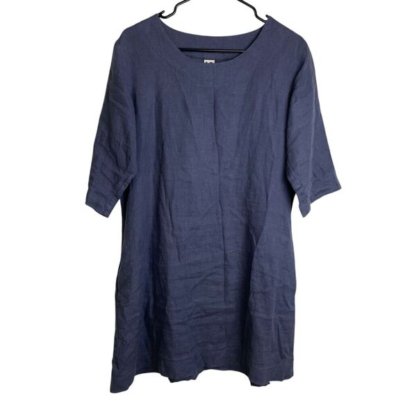 Len OK Medium 100% Linen Blue Purple Shirt Dress Pockets 3/4 Sleeves Belarus - Picture 1 of 10